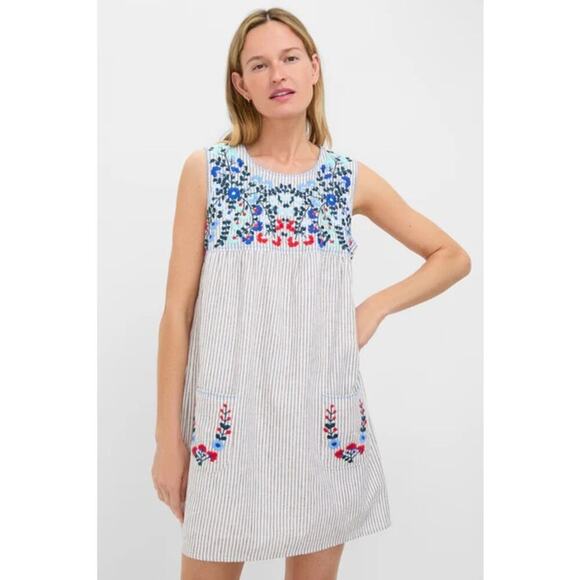 TUCKERNUCK Tan Stripe Embroidered Linen Sunny Mini Dress S - NWT - Picture 1 of 5